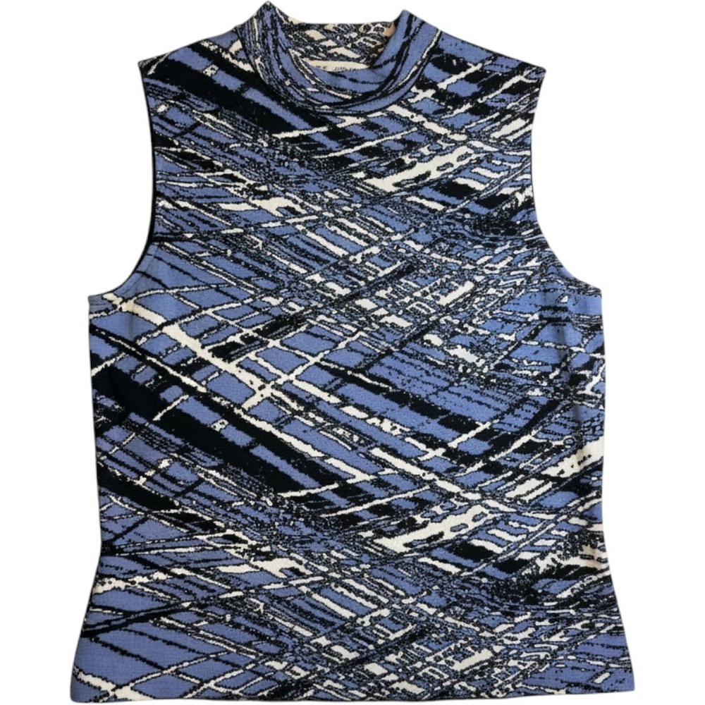 St. John Collection Blue Abstract Knit Mock Neck Sleeveless Top Small